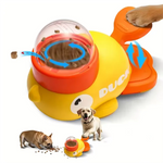 Interactive treat dispenser for cats and dogs in the shape of a yellow duck, durable plastic training toy