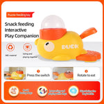 Interactive treat dispenser for cats and dogs in the shape of a yellow duck, durable plastic training toy